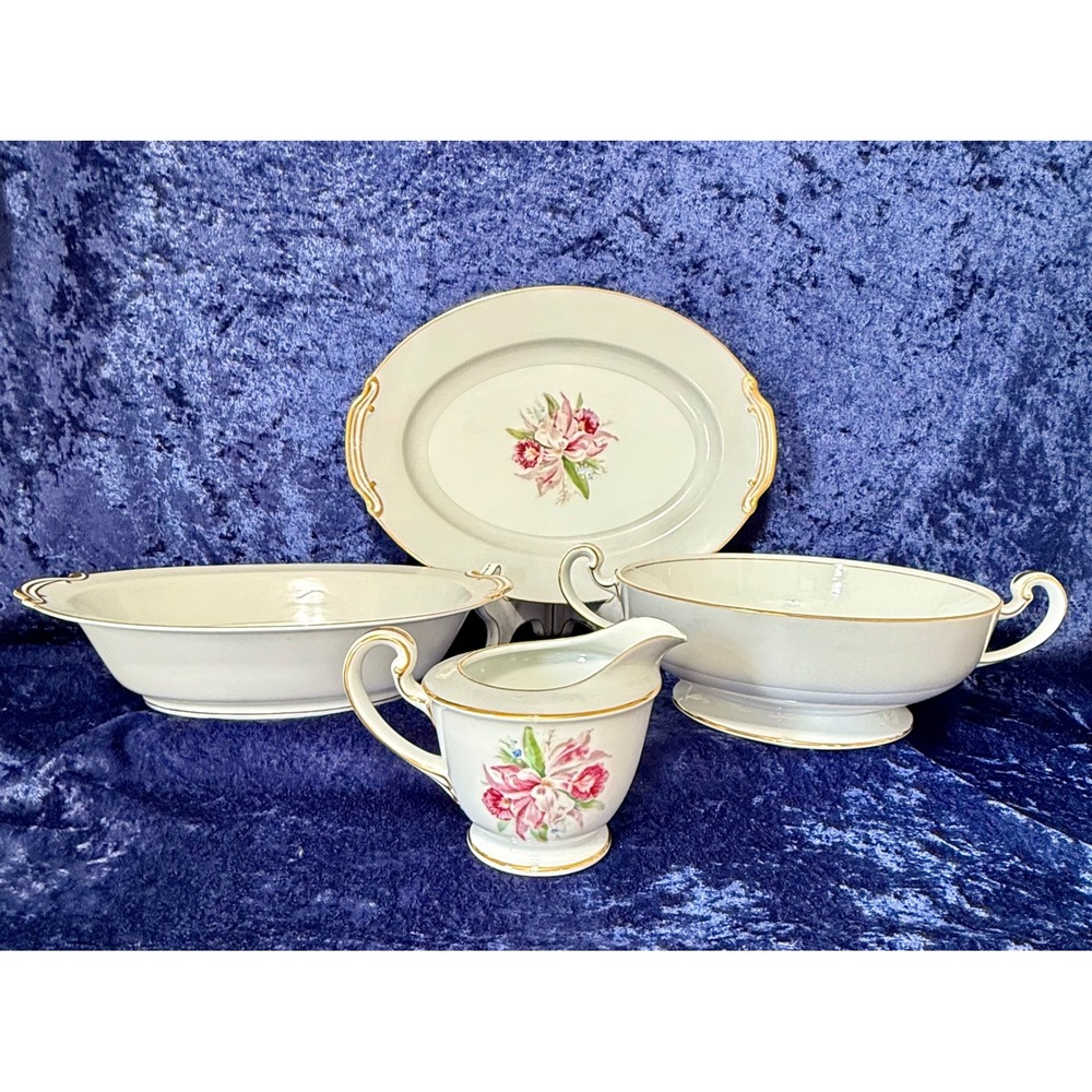 Noritake China "Margarita" Pattern Serving 4 Piece Set Floral Gold‎ Trim Vintage